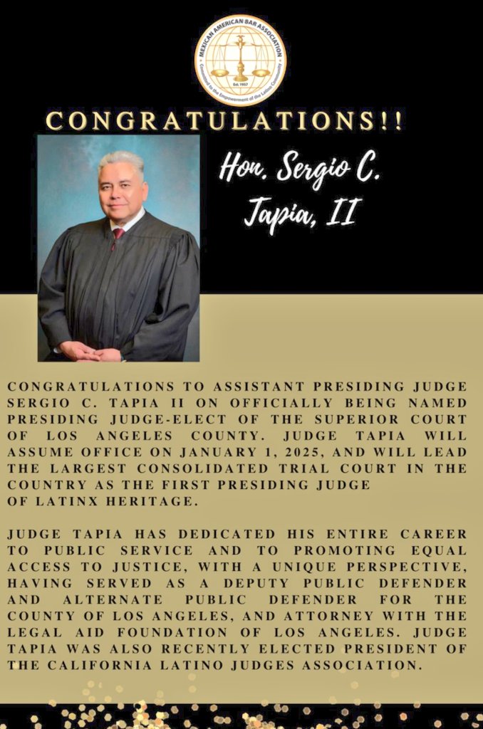 ¡Felicitaciones al Juez Sergio Tapia II por su elección como Juez Presidente-Electo de la Corte Superior del Condado de Los Ángeles! 👨🏽‍⚖️ Hijo de migrantes 🇲🇽, será el primer latino en encabezar la corte de primera instancia más grande de EE. UU. Conoce más: shorturl.at/xqse6