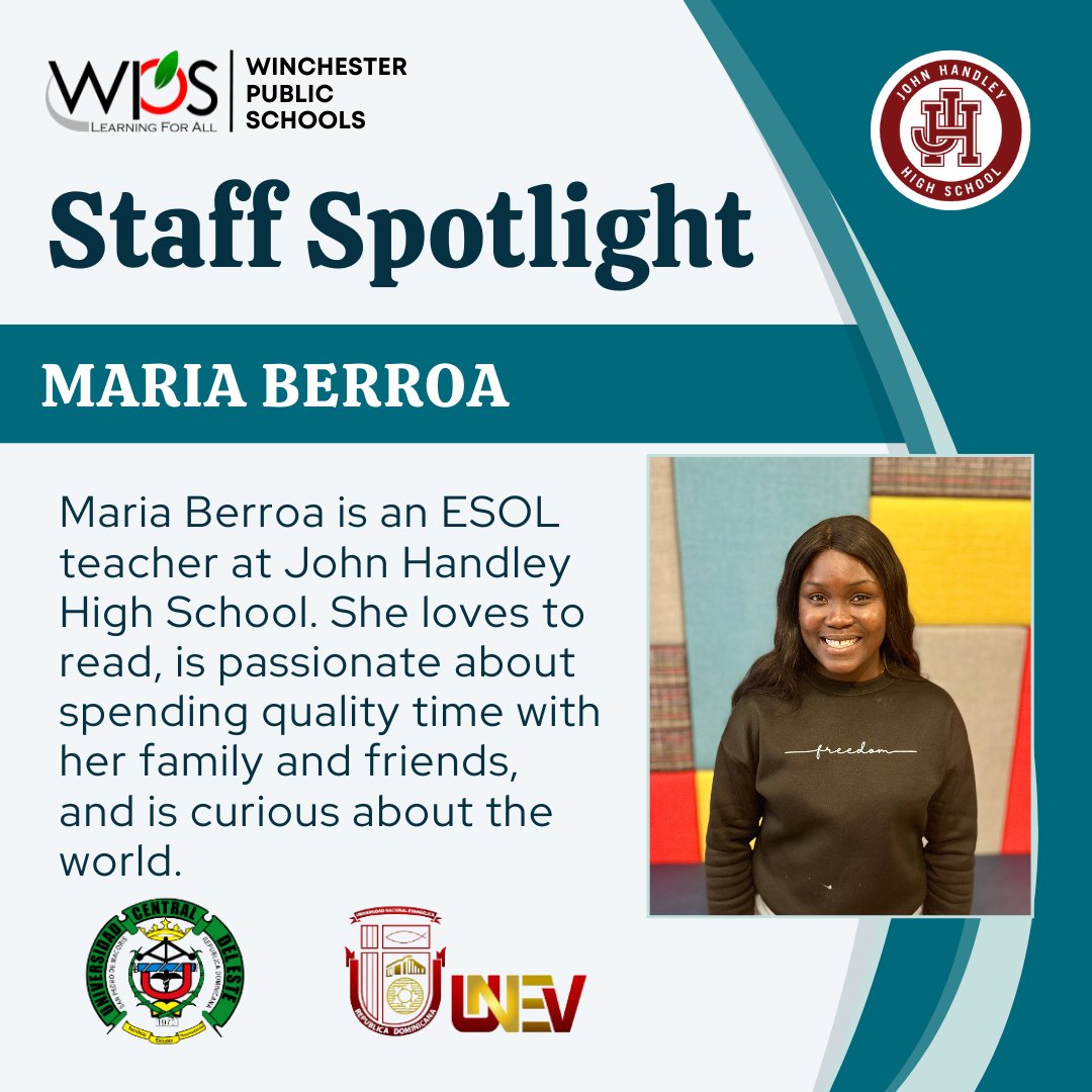 tweetwps's tweet photo. 👋 Meet Maria Berroa👋
Maria, a ESOL teacher at John Handley High School. She loves to read and is passionate about quality time with friends and family. She is also curious about the world! #gowps https://t.co/ehkZ9sqw9F