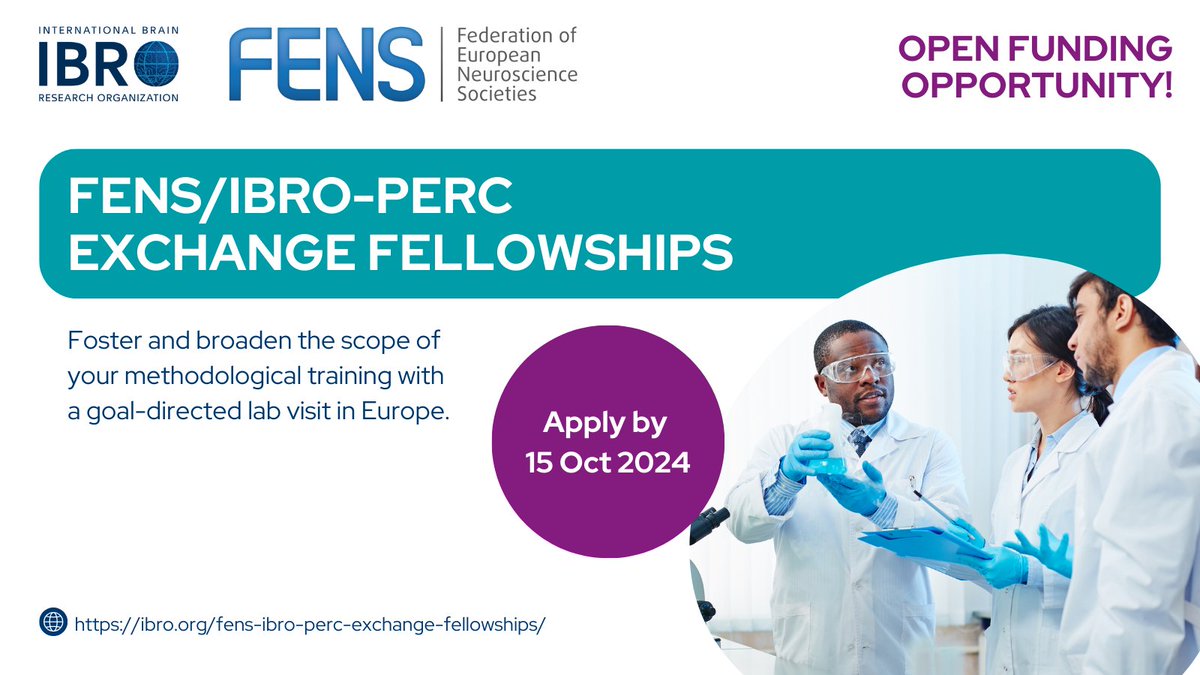 IBRO - International Brain Research Organization (@ibroorg) on Twitter photo Are you a PhD student or postdoc in Europe looking for #funding to support a short visit to a #neuroscience lab? 🧠🔬Check out the FENS/IBRO-PERC Exchange Fellowships!
🗓️Deadline: 15 Oct
💰Funding: up to €4,000
👉Apply: ow.ly/xwxj50TrAh0
<a href="/FENSorg/">FENS</a> <a href="/JLLanciego/">José Luis Lanciego</a> <a href="/srikipedia/">Srikanth Ramaswamy</a> Are you a PhD student or postdoc in Europe looking for #funding to support a short visit to a #neuroscience lab? 🧠🔬Check out the FENS/IBRO-PERC Exchange Fellowships!
🗓️Deadline: 15 Oct
💰Funding: up to €4,000
👉Apply: ow.ly/xwxj50TrAh0
<a href="/FENSorg/">FENS</a> <a href="/JLLanciego/">José Luis Lanciego</a> <a href="/srikipedia/">Srikanth Ramaswamy</a>