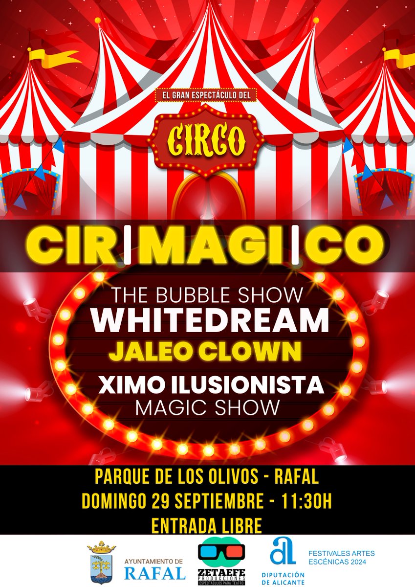 AytoRafal's tweet photo. 📌 Este domingo 29, en el Parque de Los Olivos de #Rafal, los/as más peques vivirán la magia del circo 🎪 con las actuaciones que tendremos a partir de las 🕐 11.30 horas. 

Consulta la programación de las Fiestas Patronales en:🔗 https://t.co/Sz5pqorKLT 

#OrgulloDeRafal https://t.co/X78xHIcyUz