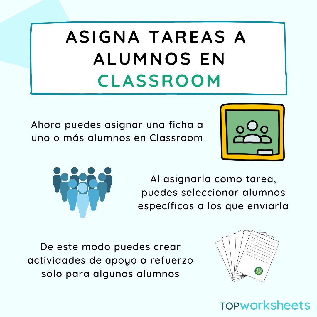 Con nuestros planes premium, dispones de integración con Google Classroom y Microsoft Teams. Con ella podrás asignar tareas fácilmente. Además, puedes asignar tareas solo a alguno de tus alumnos, creando para ellos actividades de apoyo o refuerzo específicas para sus necesidades.