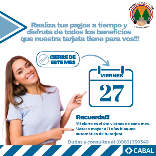 Estar al día con tu tarjeta de crédito Cabal siempre trae sus beneficios🤩

📌Cierre en el mes de Septiembre: Viernes 27/09.-
Consulta tu extracto al whatsapp👇
+595 983 330349