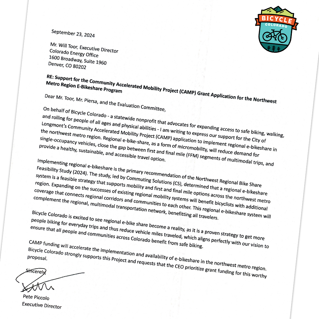 BicycleColo's tweet image. We were proud to support the City of Longmont &amp;amp; other regional stakeholders in their application for the Colorado Energy Office’s Community Accelerated Mobility Project grant program to implement regional e-bikeshare.

Good luck! #LongmontCO #ColoradoEnergyOffice #Ebike