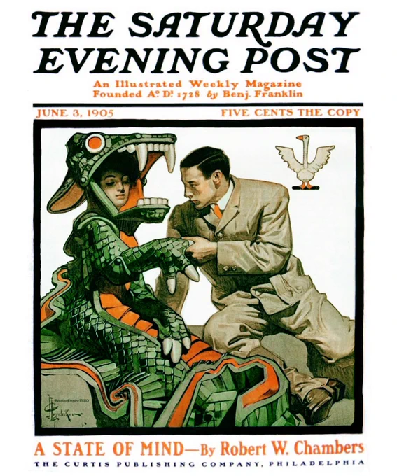 this is one of my favorite leyendecker covers in the sense that i actively do not want to know why he's courting a girl in a reptile suit 
