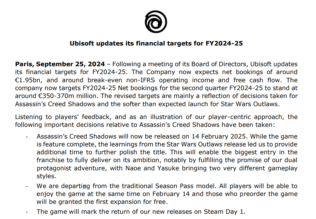 Wario64's tweet photo. Assassin's Creed Shadows will release on Steam. "- The game will mark the return of our new releases on Steam Day 1."

"We are departing from the traditional Season Pass model. All players will be able to enjoy the game at the same time on February 14 and those who preorder the game will be granted the first expansion for free."

Coming Feb 14th