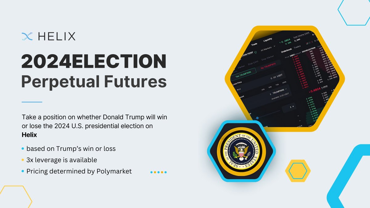 Ghost_M01's tweet photo. The 2024ELECTION perpetual market is now live on @HelixApp_ , allowing you to trade on whether Donald Trump will win or lose the 2024 U.S. election.
With up to 3x leverage, asset pricing is based on Polymarket data.

What do you think, will you trade on this product? https://t.co/K9CNM0aVrQ