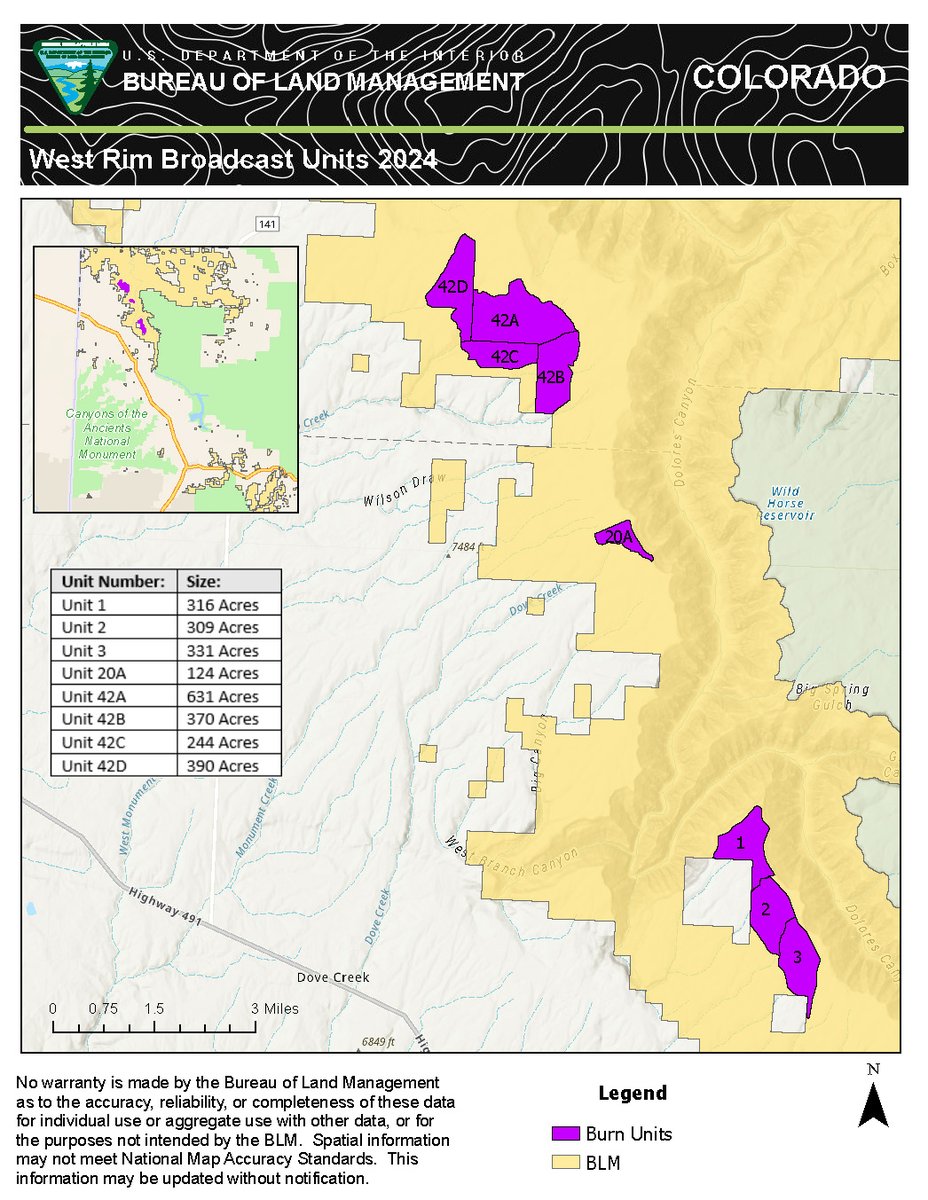 If conditions/resources allow, BLM plans to conduct treatments on West Dolores Rim, Tres Rios FO:
&gt;9/26: Ground ignition of 124 acres in Unit 20A, 7.4 miles NE of Dove Creek
&gt;9/27-28: Hand/aerial ignitions of 634 acres in Unit 42A, 3 miles E of Egnar.
Map: ow.ly/Jn8U50TvryK