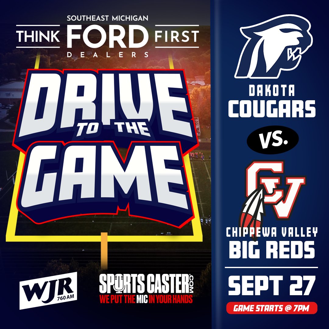 wjrradio's tweet photo. 🏈7PM, FRI. SEPT. 27🏈

#760WJR &amp; https://t.co/GwGb3QWNh5 bring you "Drive To The Game", high school football's biggest matchups. 

WEEK 5 - Dakota hosts Chippewa Valley
 
Play-by-play from @ChrisRenwickWJR w/ color commentary from students. Details at https://t.co/iDIQ7bJGyA https://t.co/H0XEyWOFyW