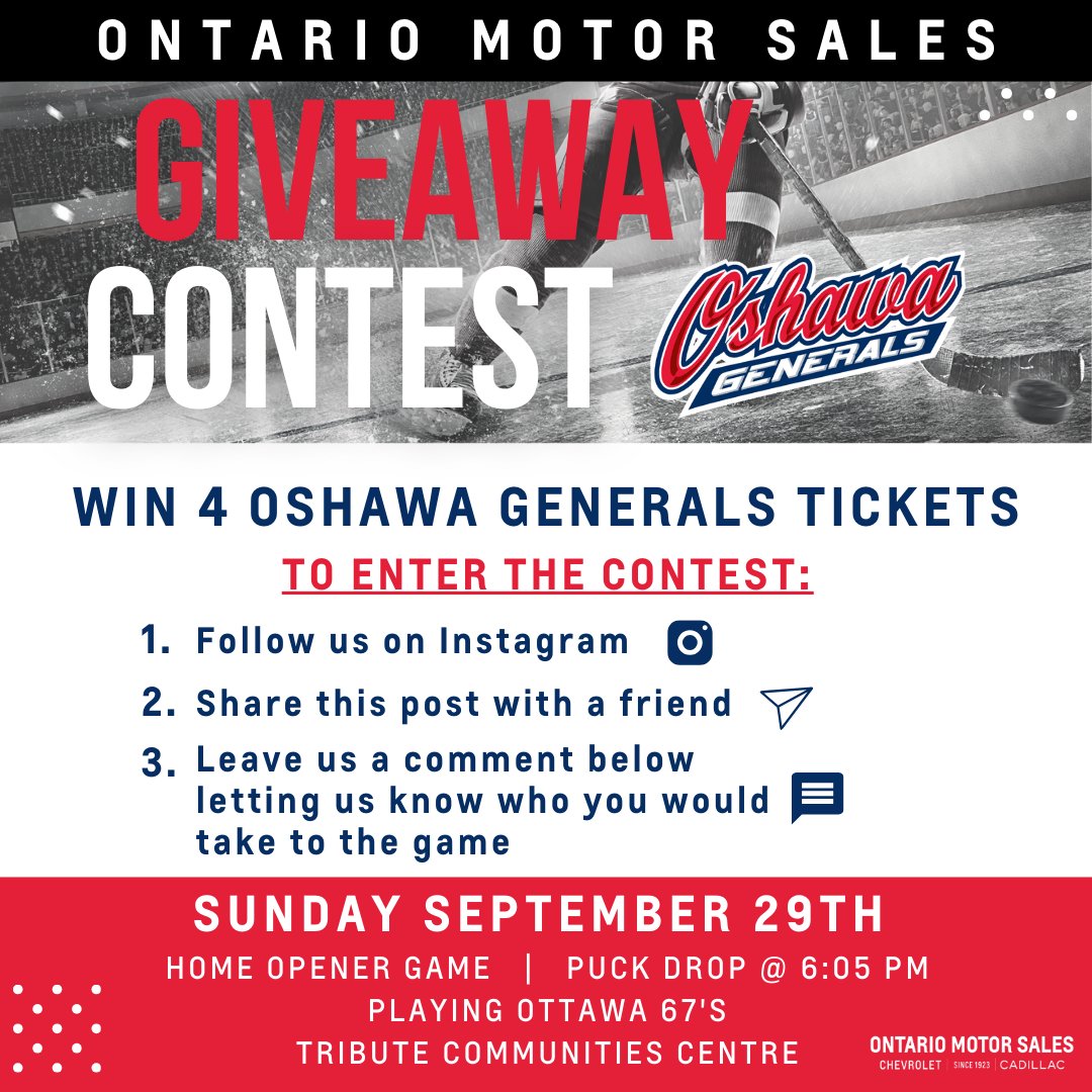 GIVEAWAY ALERT!!
Win 4 tickets to the <a href="/Oshawa_Generals/">Oshawa Generals</a> Home Opener against the Ottawa 67's this Sunday, Sept 29th! Visit us on Instagram @omsoshawa for all the details on how to enter!  #gogensgo #oshawa