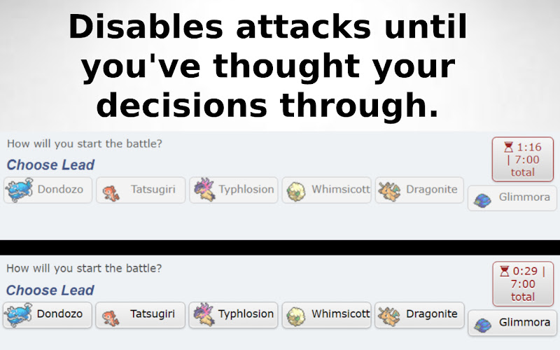 freezai (@freezaiyt) on Twitter photo I made a training tool for Pokรฉmon Showdown called Think Before You Click!
It temporarily disables your moves at the start of each turn. Perfect for training for VGC tournaments and building good habits.
Download the extension below ๐ I made a training tool for Pokรฉmon Showdown called Think Before You Click!
It temporarily disables your moves at the start of each turn. Perfect for training for VGC tournaments and building good habits.
Download the extension below ๐