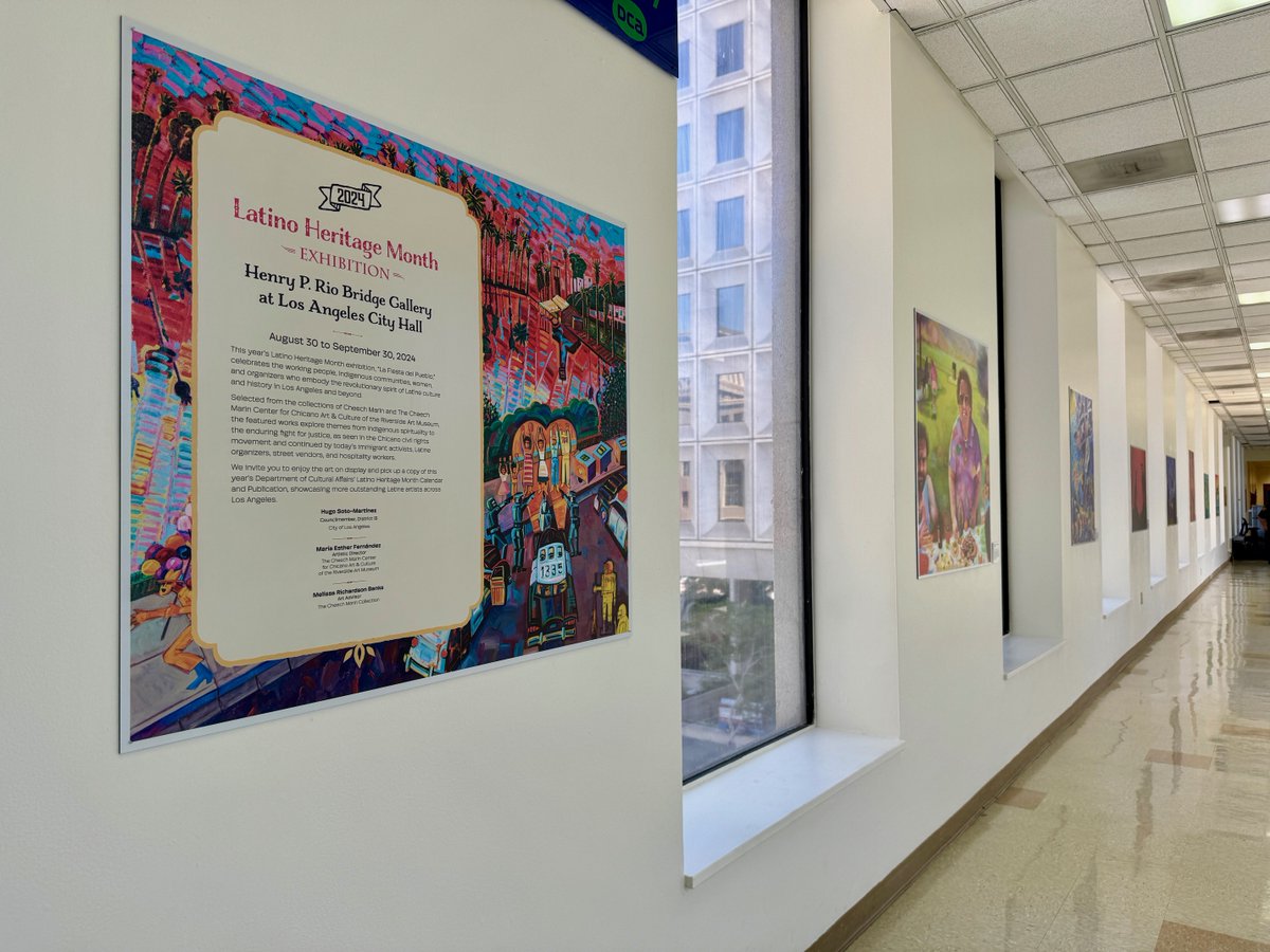 LACity's tweet photo. 🎨✨ Explore the "La Fiesta del Pueblo" art exhibit at LA City Hall’s Henry P. Rio Bridge Gallery this September! Featuring works by Chicano and Latino artists from Cheech Marin’s collection, this free exhibit is open during #LACityHall hours. #LACulture #LatinoHeritageMonth https://t.co/ijtnWSlqvK