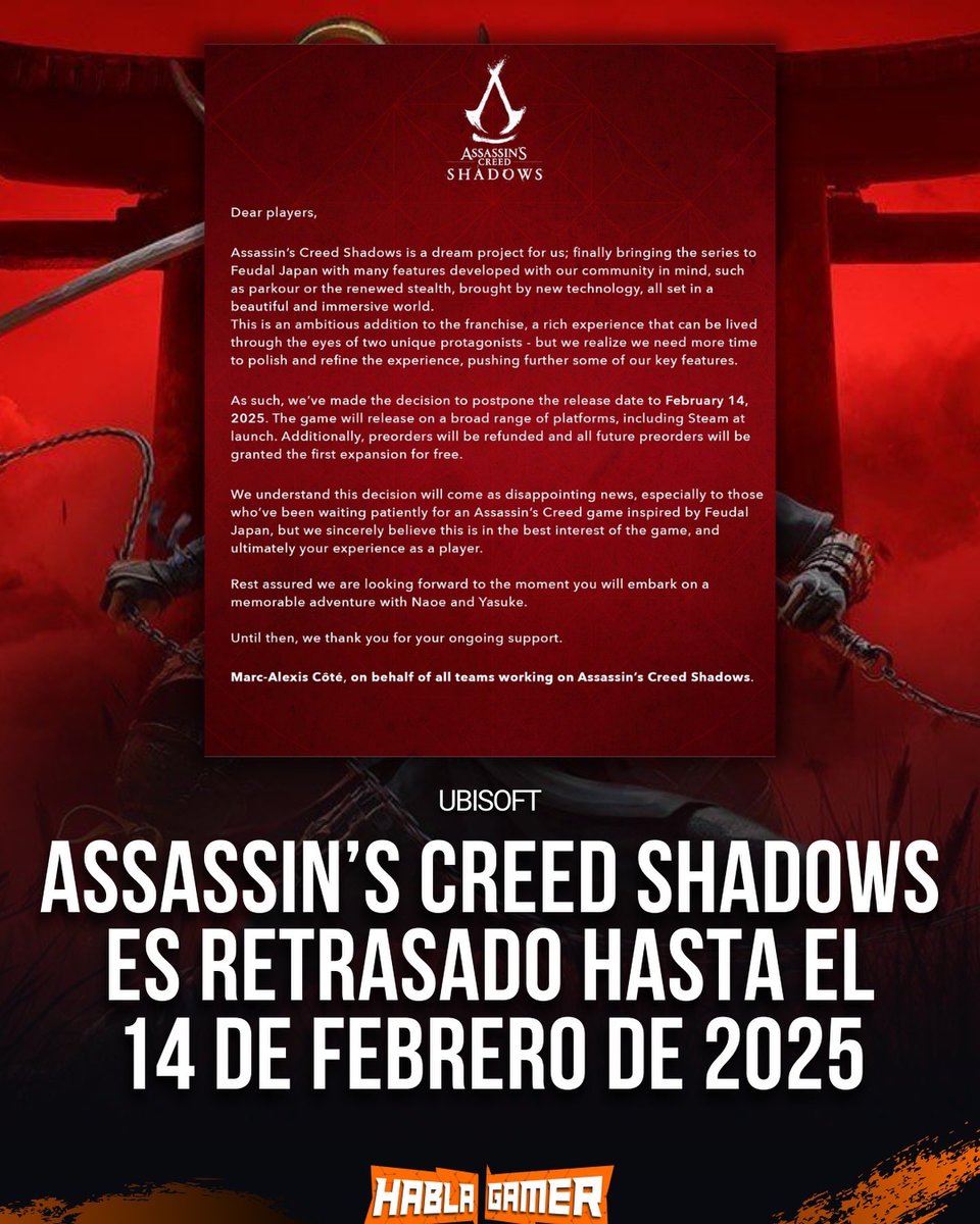 #HABLAGAMER
#Ubisoft ha anunciado el retraso de #AssassinsCreedShadows. En lugar de lanzarse el 15 de noviembre como estaba previsto, el juego ahora está programado para salir el 14 de febrero de 2025.
‌
✅ También se canceló su participación en la Tokyo Game Show.