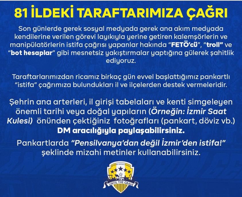 81 İLDEKİ TARAFTARIMIZA ÇAGRIMIZDIR.
LÜTFEN AÇIKLAMAYI SONUNA KADAR OKUYUNUZ!

#taraftaristifabekliyor