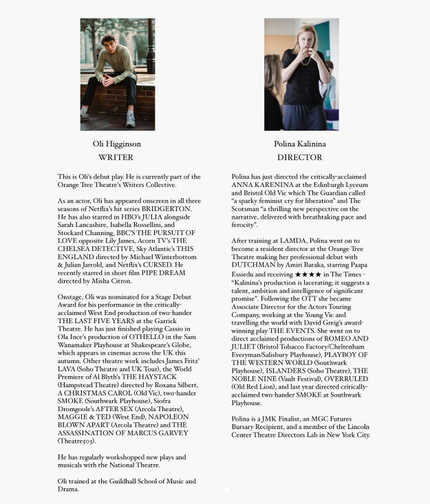 Oli Higginson wrote a play!!!!

"H I G H B R I D G E" -his debut play will showcase the opening scenes this Friday at Orange Tree Theatre at 1 pm.

So proud of him- sending love, support and success!!!🥹🫶💞💞