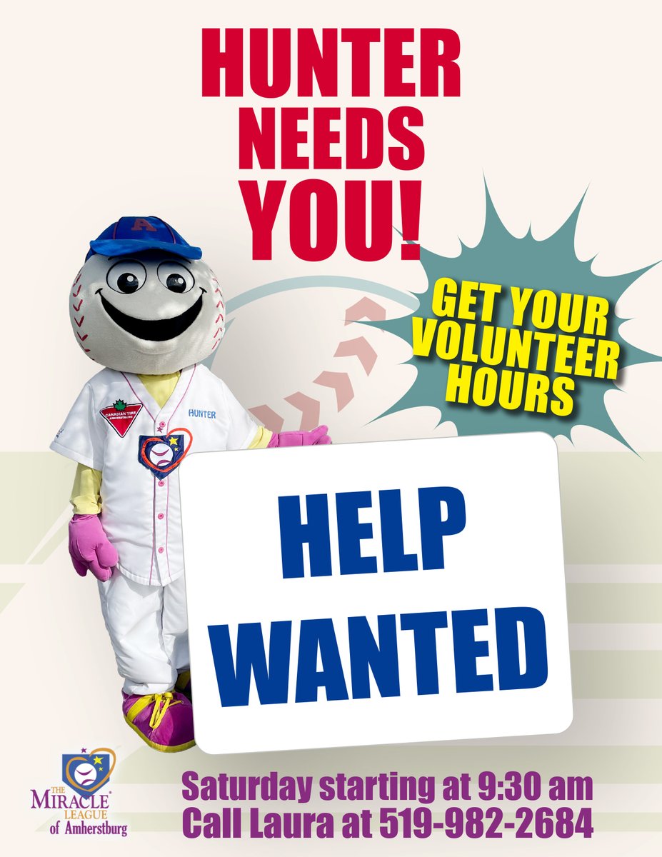 The Miracle League of #Amherstburg needs volunteers!
Sign up at amherstburgmiracle.com or call Laura at 519-982-2684.