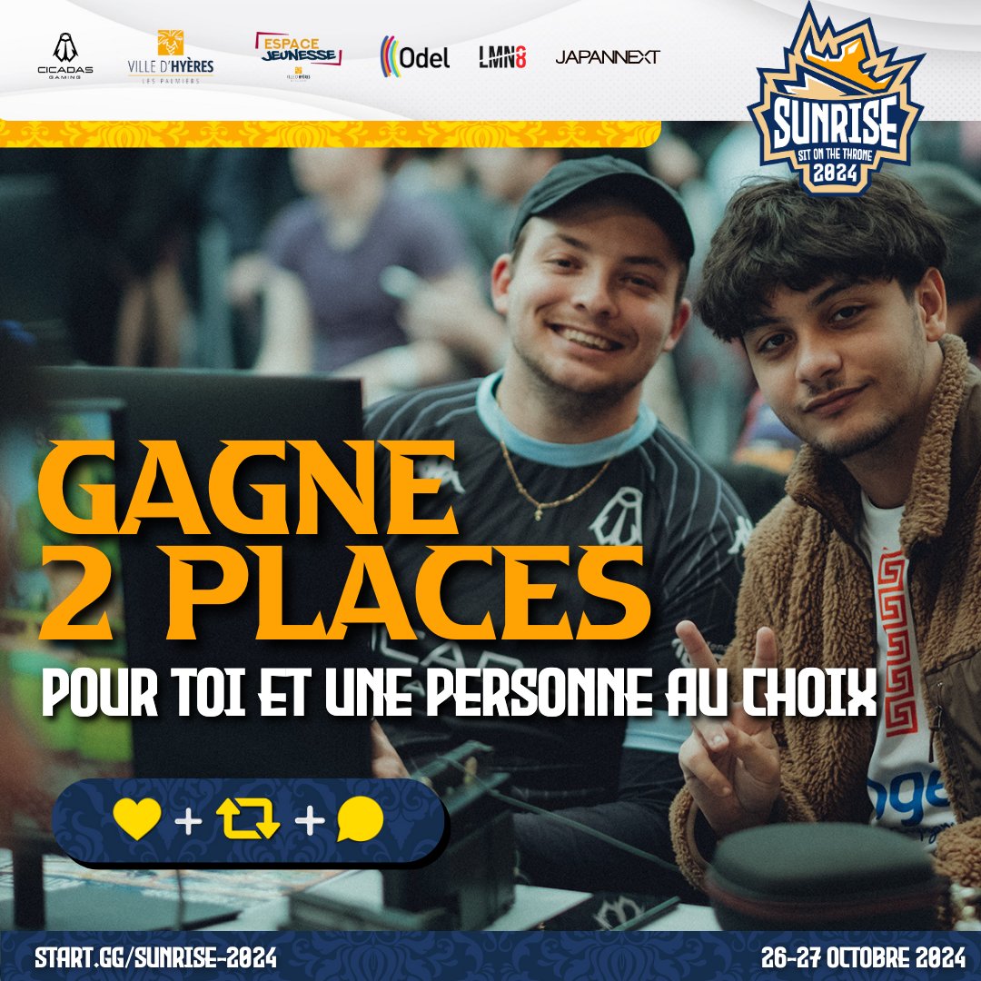 🌅𝐒𝐔𝐍𝐑𝐈𝐒𝐄 𝟐𝟎𝟐𝟒🌅

🎁CONCOURS🎁

On vous offre 2 places pour le Sunrise 2024, pour toi et ton gars sûr 😎

🔸Pour participer : Like❤️+ Retweet🔁+ Mentionne en commentaire ton pote avec qui tu veux participer !

➡️Tirage le 02/10