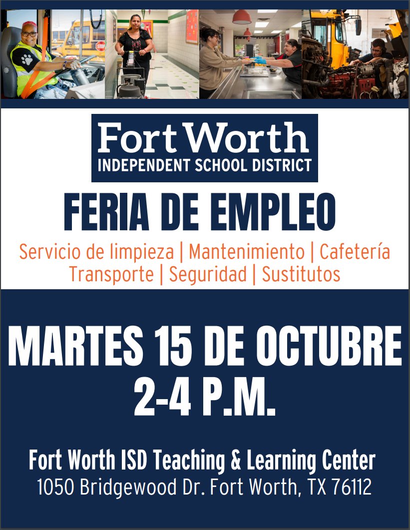 Ready to make a difference? Join us at the Fort Worth ISD Hiring Fair October 15th!

RSVP: forms.gle/WhpF9Qof6bqZHZ…
Apply Now: fwisd.org/careers
Date:  Tuesday, October 15, 2024
Time: 2:00 PM – 4:00 PM
Location: 1050 Bridgewood Dr. Fort Worth, TX 76116

#OneFortWorth