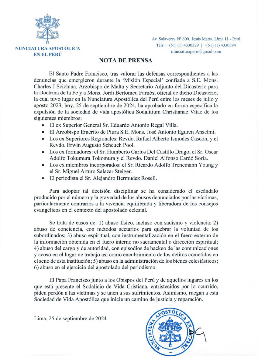 conf_episcopal's tweet photo. #URGENTE
La Conferencia Episcopal Peruana hace de conocimiento público la comunicación de la Nunciatura Apostólica sobre la expulsión de algunos miembros del Sodalicio de Vida Cristiana.

👉Lea la nota de prensa: https://t.co/ZLc0UHdJy0 https://t.co/CEF1Yqys7r