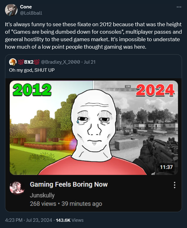 Lol8ball's tweet photo. Really showing your age here. This was the era of on-disk DLC for fucks sake. Absolute dog shit time to be into video games. https://t.co/OuGMq21FpZ