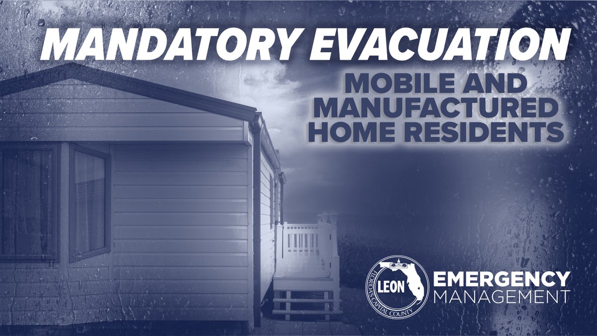 Today, Leon County is issuing a mandatory evacuation for residents of mobile and manufactured homes due to the threat of hurricane-force winds. Seek safer shelter by 8 a.m. Thursday, September 26.

Shelter information at LeonCountyFL.gov/ei or 850-606-3700.