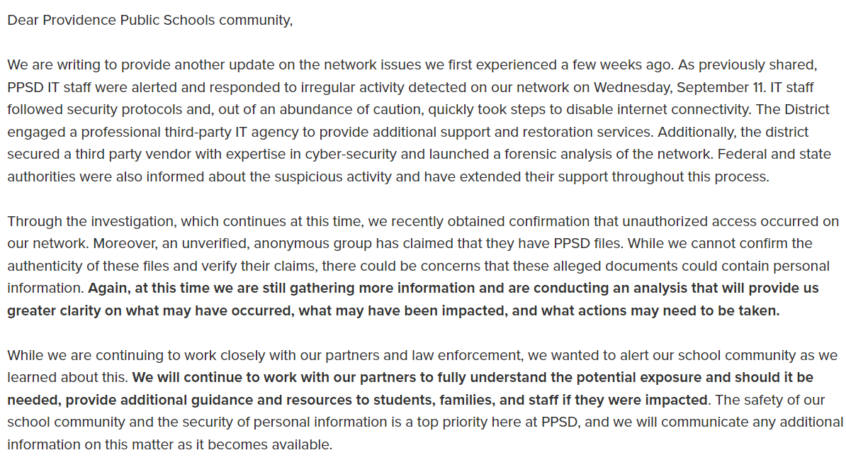 FitzProv's tweet photo. .@pvdschools Superintendent Javier Montañez just informed the school community that "unauthorized access occurred on our network" and that "an unverified, anonymous group has claimed they have PPSD files." He says "alleged documents could contain personal information." https://t.co/wgMNKmhwNd