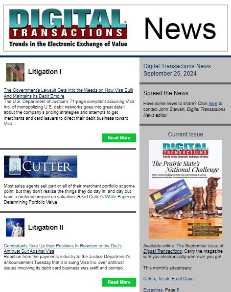 DTPaymentNews's tweet photo. Today's Digital Transactions News: The DoJ’s Detailed Visa Case; Reaction to the DoJ’s Suit; Nuvei’s New Services 
https://t.co/KN0ASGDJP8 
#Visa #USDepartmentofJustice #DoJ #debitcards #antitrust #lawsuit #financialinstitutions #merchants #cliffpricing #DurbinAmendment #Nuvei https://t.co/1tFOzPzbMw