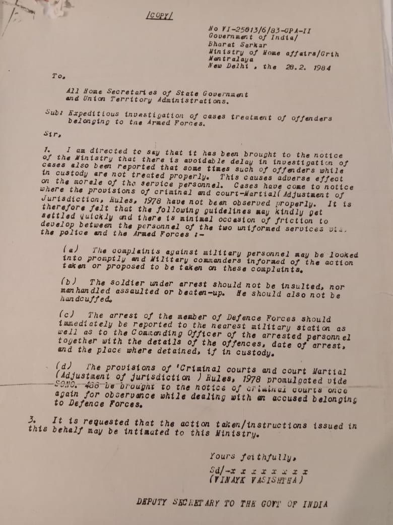 There is already a Policy letter existing on the subject of the investigations and treatment to be given to any deemed offenders belonging to the Armed Forces 👇. Now, the question is who is responsible for the implementation of the guidelines issued by the Govt of India? And, in