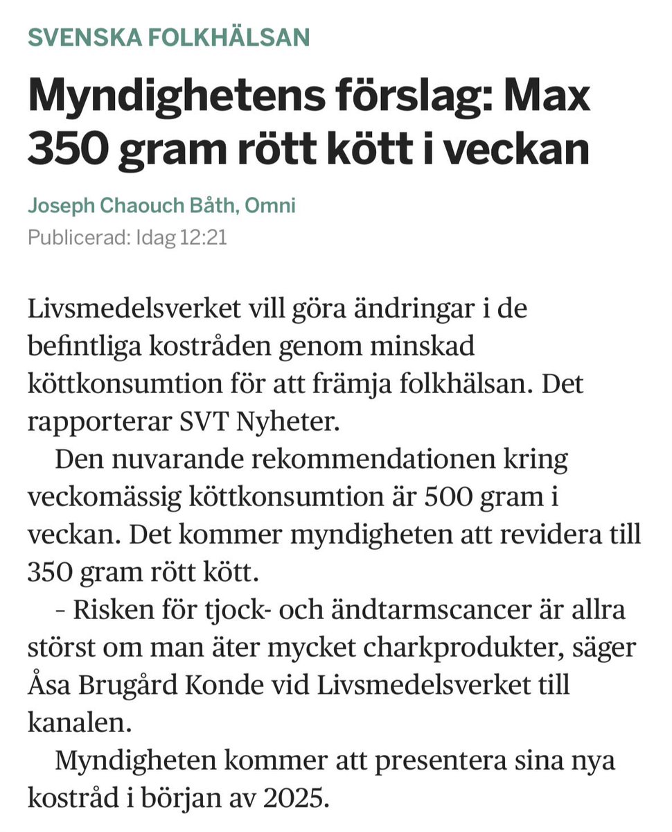 Siri, visa mig en myndighet som helt gått bort sig. Vi har bokstavligen levt som jägare och samlare i ca 200000 år. Men 500g kött i veckan är för mkt 🤡

Ät mer kött. Ät mer mat som du tillagar från grunden. Ät mer fibrösa grönsaker och frukt. Rör på dig. Sov. Få sol. Lyft tungt.