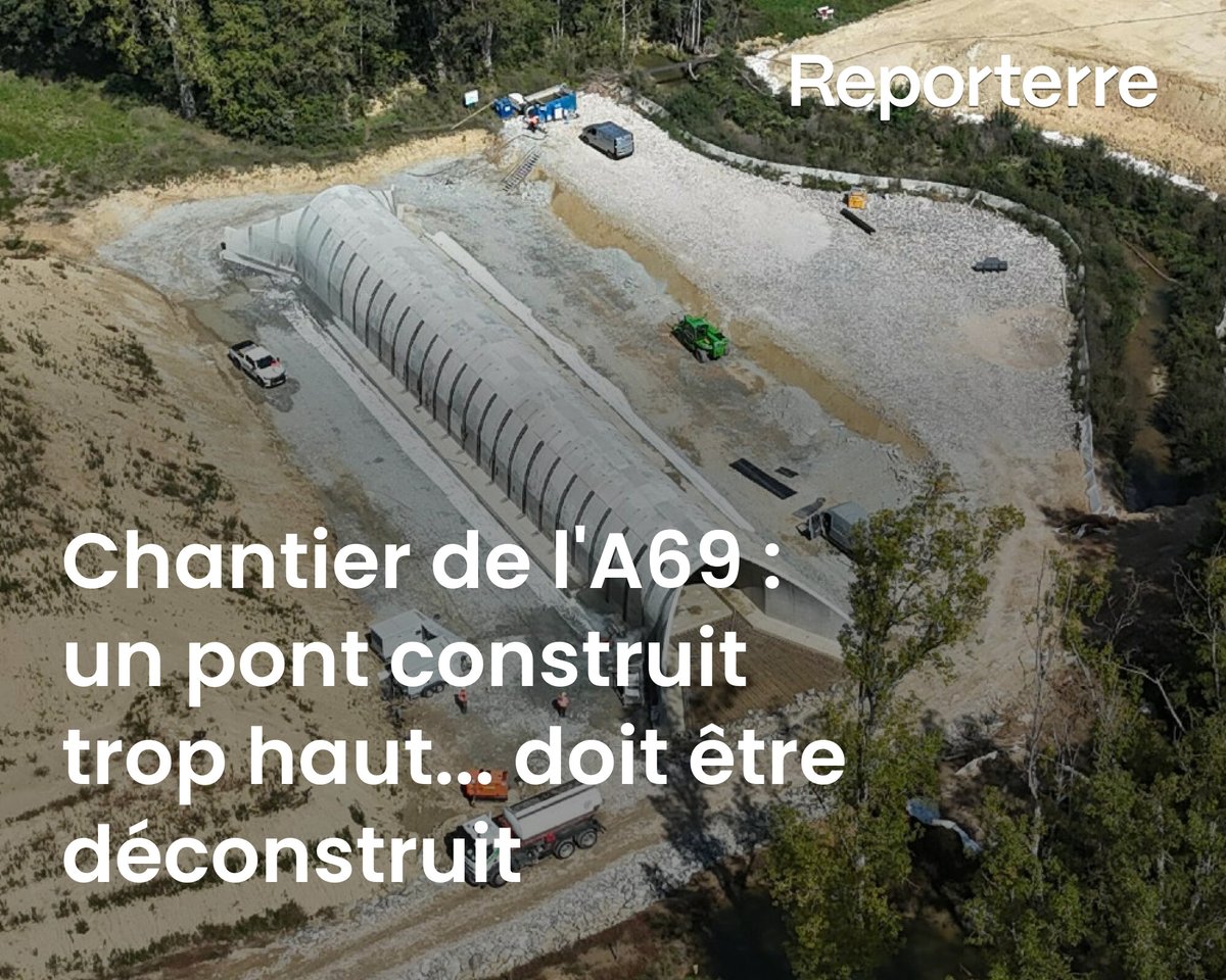 Reporterre's tweet photo. À peine construit, déjà détruit.

Un pont de la future A69, autoroute qui doit relier Toulouse à Castres, va être démantelé parce qu’il n’a pas été construit au bon niveau.

Lire l'article ➡️ https://t.co/OMQafIti2W https://t.co/CYsnjORk6k
