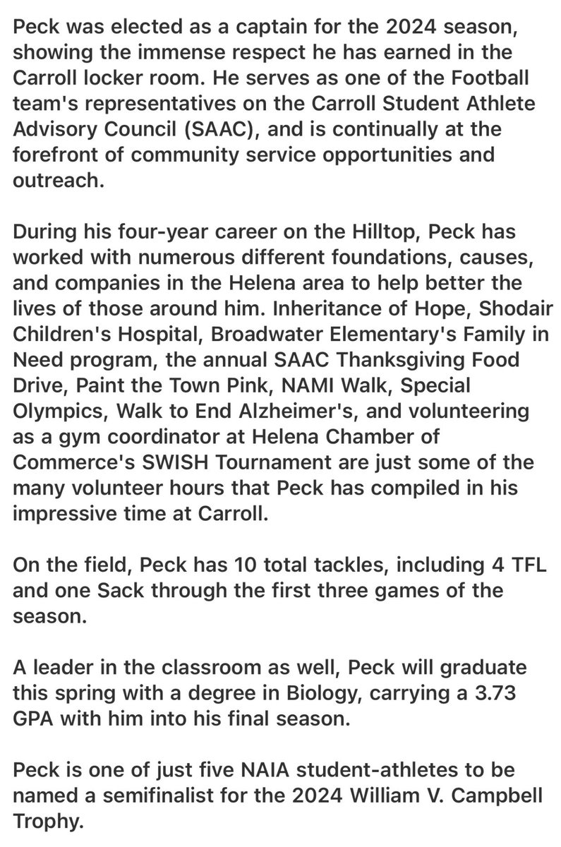 .<a href="/FootballCarroll/">Carroll College Football</a> senior DL Hunter Peck is a semifinalist for the 2024 William V. Campbell Trophy

The trophy “recognizes an individual as the absolute best football scholar-athlete in the nation”

#mtscores
