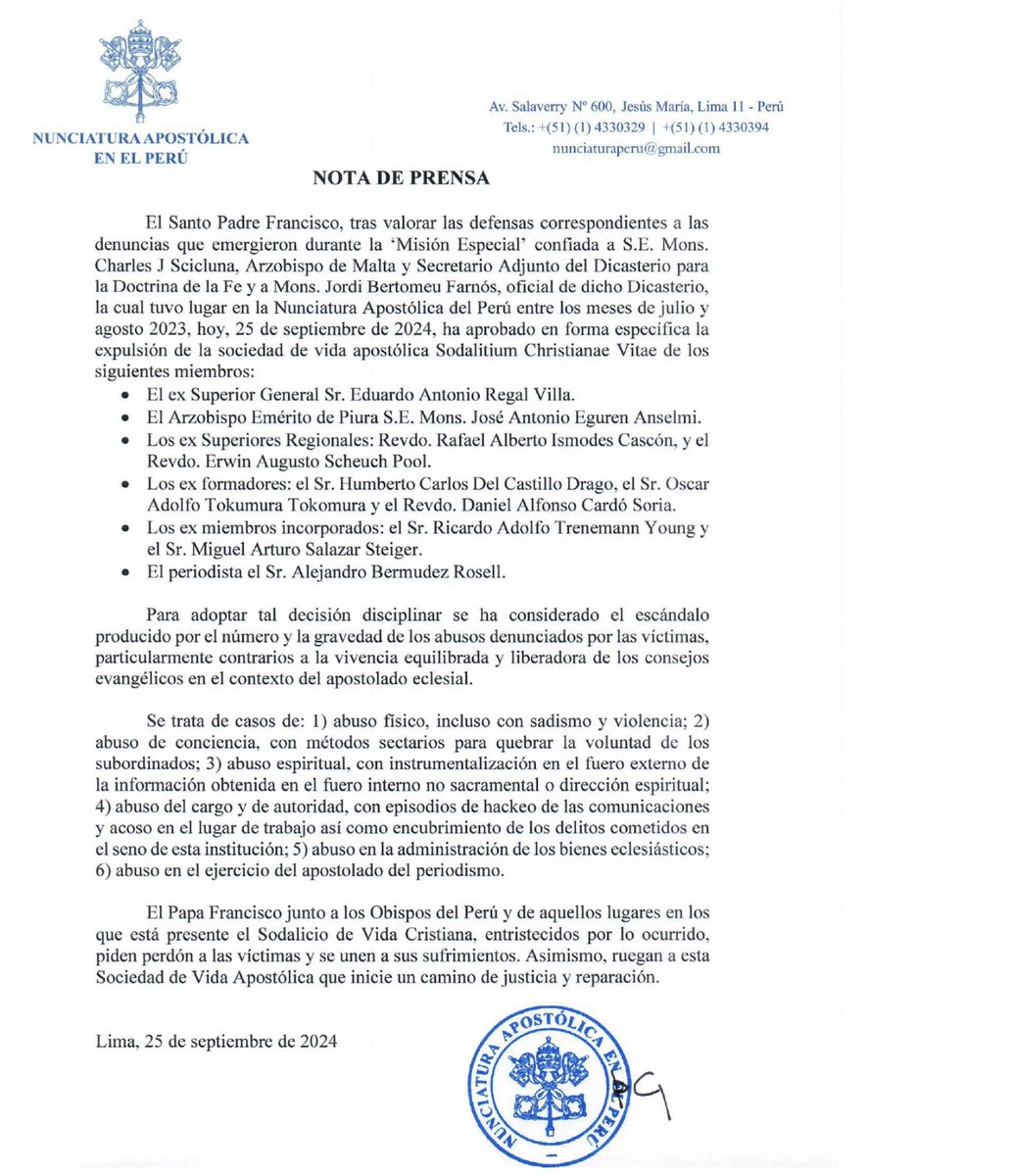 BREAKING. Following Vatican probe into abuse and corruption in Peruvian Sodalicio (SCV) Pope Francis has ordered the expulsion from it of ten leaders and former leaders, including ex bishop of Piura and <a href="/EWTN/">EWTN Global Catholic Network</a> <a href="/aciprensa/">ACI Prensa</a> director and polemicist <a href="/albermudezr/">Alejandro Bermudez</a>.