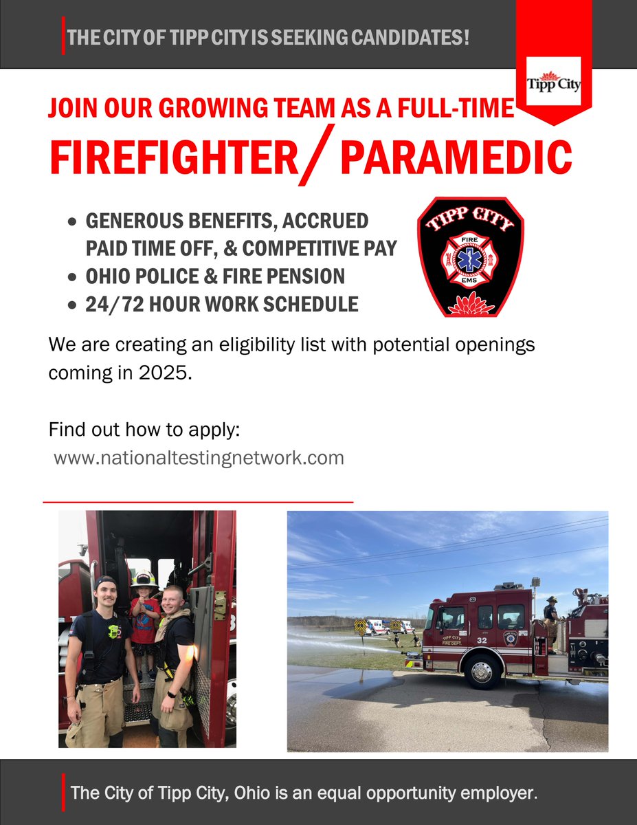 The Tipp-Monroe Fire Association is creating an eligibility list for Full-Time Firefighter/Paramedics.  Visit the National Testing Network website and search "firefighter jobs" in Ohio and click on Tipp City for more information.  #firefighter #paramedic #hiring