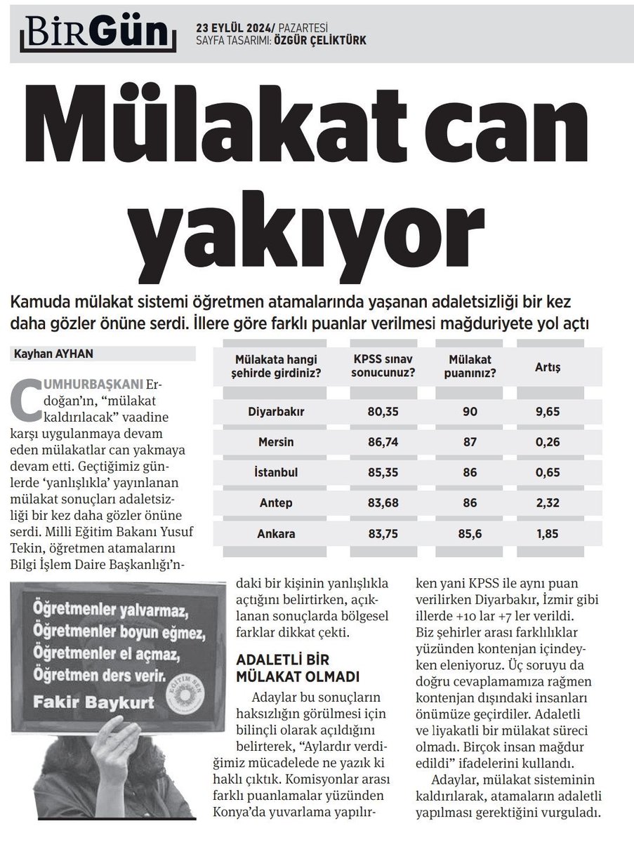 Sayın Bakanımız <a href="/Yusuf__Tekin/">Yusuf Tekin</a> ;
Farklı şehirlerde girilen farklı komisyonlar tarafından yapılan puanlamalar arasında uçurumlar var. 
Bu adaletsizlik herkesin puanının yuvarlanmasıyla son bulsun.
KPSS puan üstünlüğüne göre atamalar yapılsın. 
<a href="/tcmeb/">Millî Eğitim Bakanlığı</a> 
#MebdeMülakatAdaletsizliği