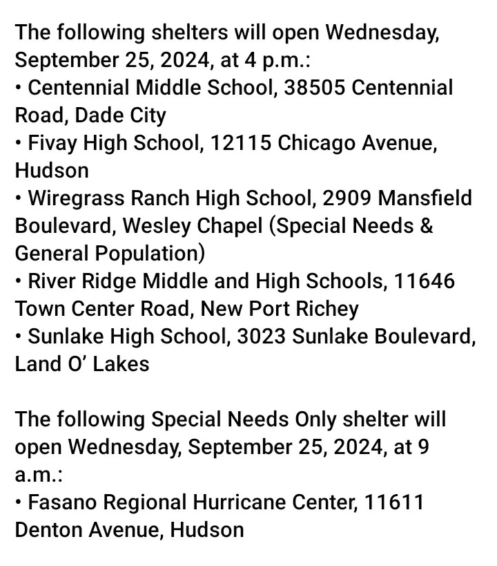 MsBradsher's tweet photo. 🌀 HURRICANE HELENE SHELTERS: 

Pasco County opening shelters ahead of Helene, All shelters are accommodating family pets.

Learn more about what to bring if you’re sheltering with your pet: https://t.co/zWKNv0g9Z5

#Florida #FLwx #Helene https://t.co/Wu0epDDmVc