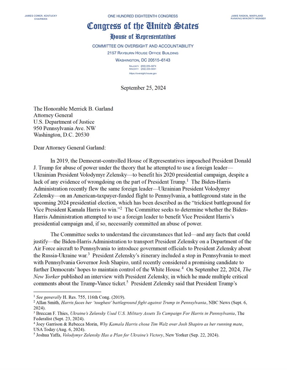 GOPoversight's tweet image. 🚨 BREAKING: Chairman James Comer Is Investigating the Biden-Harris Admin’s Use of Taxpayer-Funded Resources to Fly Ukrainian President Volodymyr Zelensky to Pennsylvania to Campaign for Kamala Harris

Chairman Comer today is opening an investigation into the Biden-Harris…