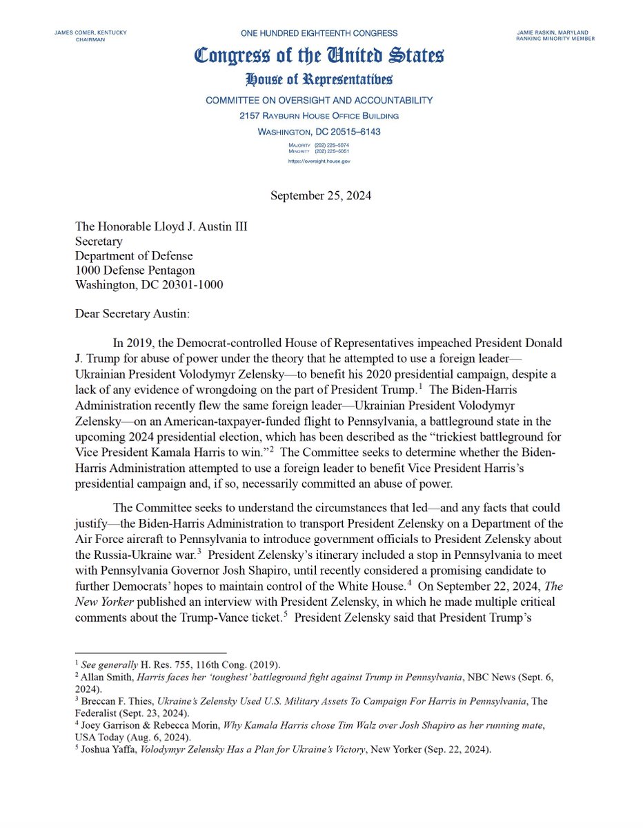 GOPoversight's tweet image. 🚨 BREAKING: Chairman James Comer Is Investigating the Biden-Harris Admin’s Use of Taxpayer-Funded Resources to Fly Ukrainian President Volodymyr Zelensky to Pennsylvania to Campaign for Kamala Harris

Chairman Comer today is opening an investigation into the Biden-Harris…