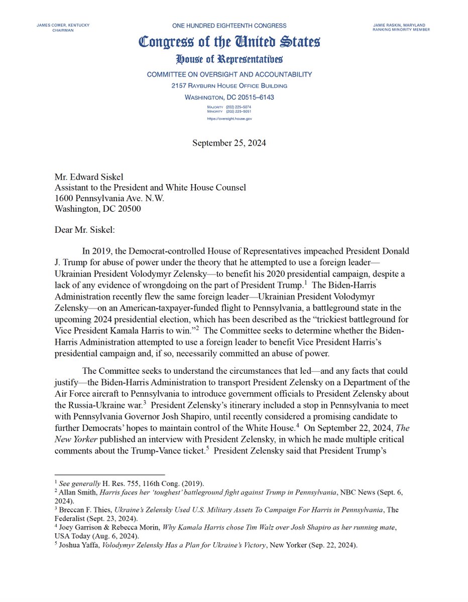 GOPoversight's tweet image. 🚨 BREAKING: Chairman James Comer Is Investigating the Biden-Harris Admin’s Use of Taxpayer-Funded Resources to Fly Ukrainian President Volodymyr Zelensky to Pennsylvania to Campaign for Kamala Harris

Chairman Comer today is opening an investigation into the Biden-Harris…