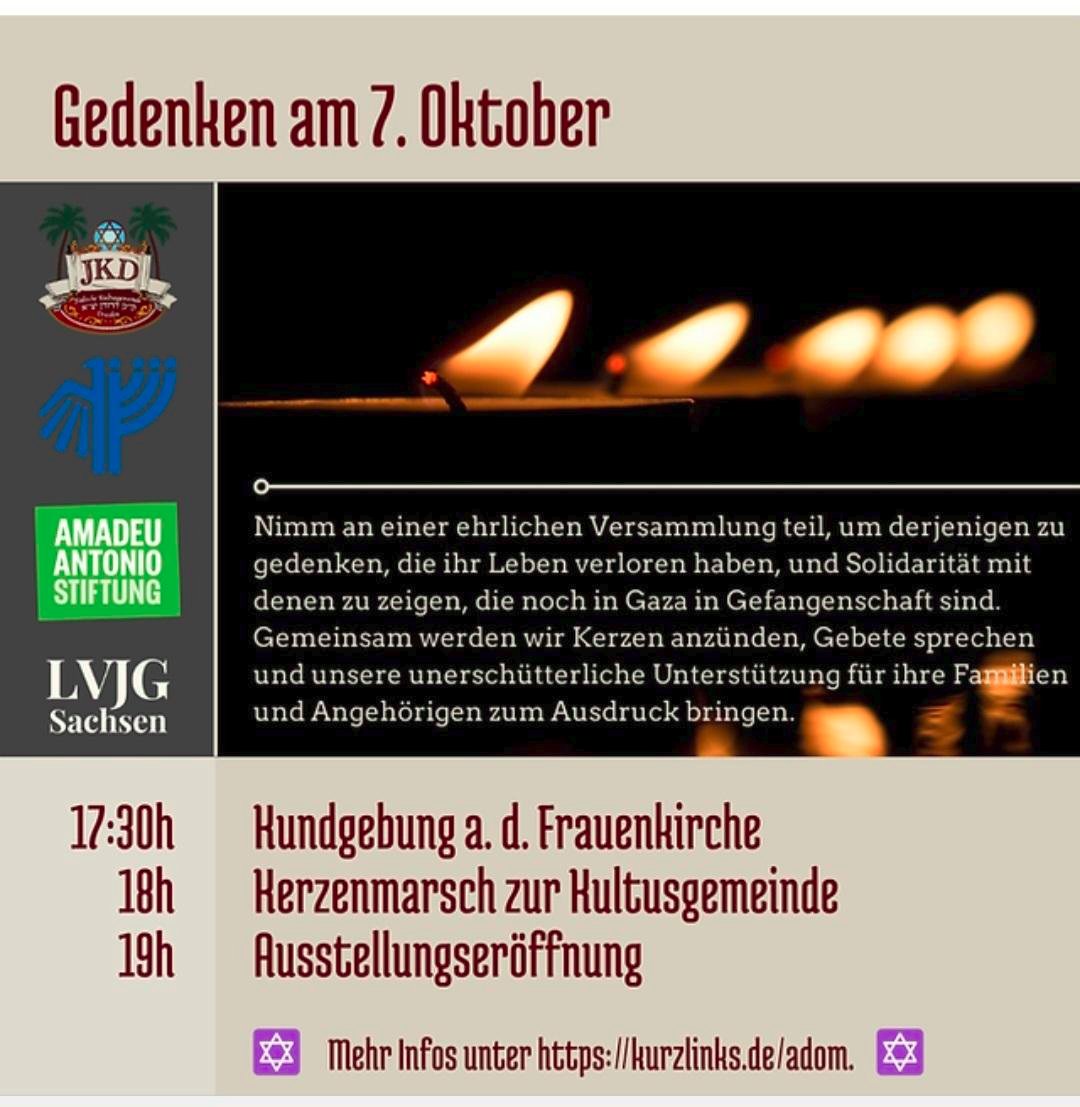 Schmanle's tweet photo. Am Jahrestag des 7. Oktober wird es in #Dresden eine Gedenkkundgebung mit Kerzenmarsch in Gedenken an die Opfer des Terrorangriffs der Hamas auf Israel geben. Diese wird von der @DIGeV_de Dresden, der @JudischeDresden und anderen organisiert. #DD0710 https://t.co/7uEKDHsL1e