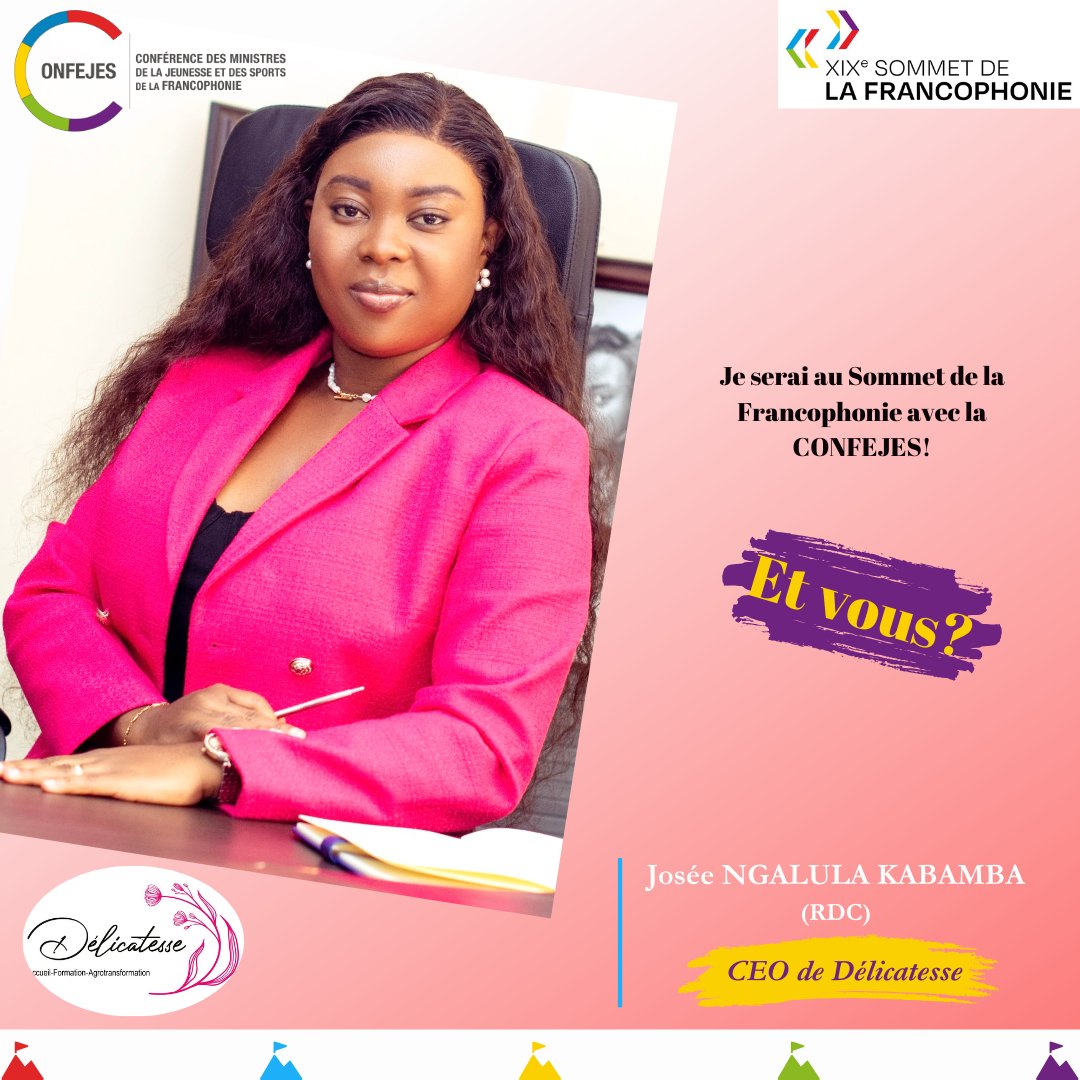 La CONFEJES (@laconfejes) on Twitter photo Josée NGALULA KABAMBA (RDC), fondatrice de l’entreprise Délicatesse, sera au Sommet de la Francophonie, avec la CONFEJES !
Rejoignez Josée au Salon FRANCOTECH, les 03 et 04 octobre !
<a href="/OIFrancophonie/">La Francophonie</a>
#SommetDeLaFrancophonie #CONFEJES #Francotech2024 Josée NGALULA KABAMBA (RDC), fondatrice de l’entreprise Délicatesse, sera au Sommet de la Francophonie, avec la CONFEJES !
Rejoignez Josée au Salon FRANCOTECH, les 03 et 04 octobre !
<a href="/OIFrancophonie/">La Francophonie</a>
#SommetDeLaFrancophonie #CONFEJES #Francotech2024