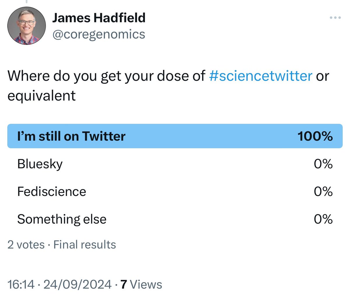 coregenomics's tweet image. I asked where do you get your dose of #sciencetwitter or equivalent and the results were revelatory.

#sciencetwitter is not dead yet!