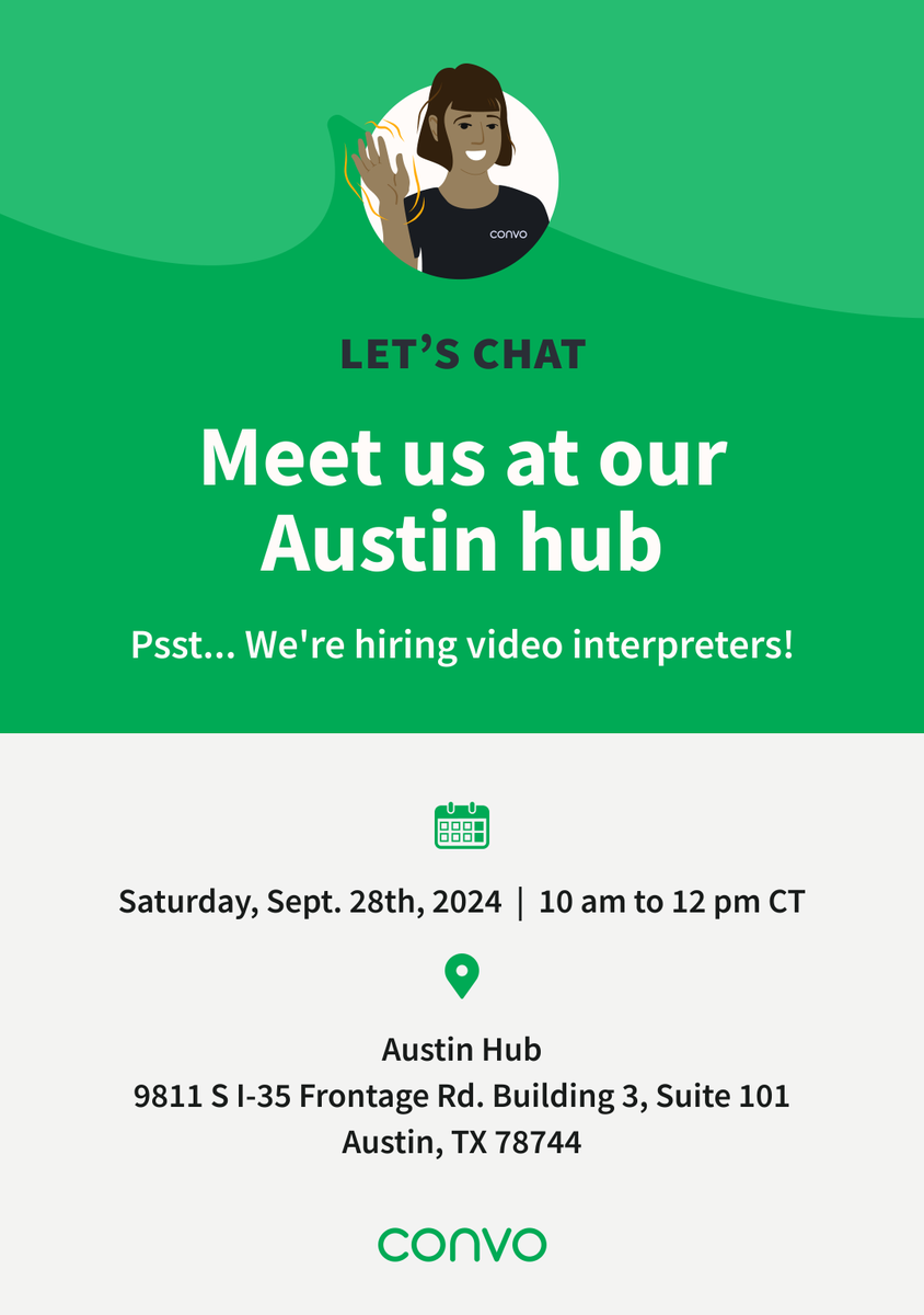 Hey Austin Interpreters, we are hiring! 🌟 Join us for our Interpreting Recruitment Open House at the Austin Hub! 🎉 
Come and meet our team and learn about what we have to offer!
