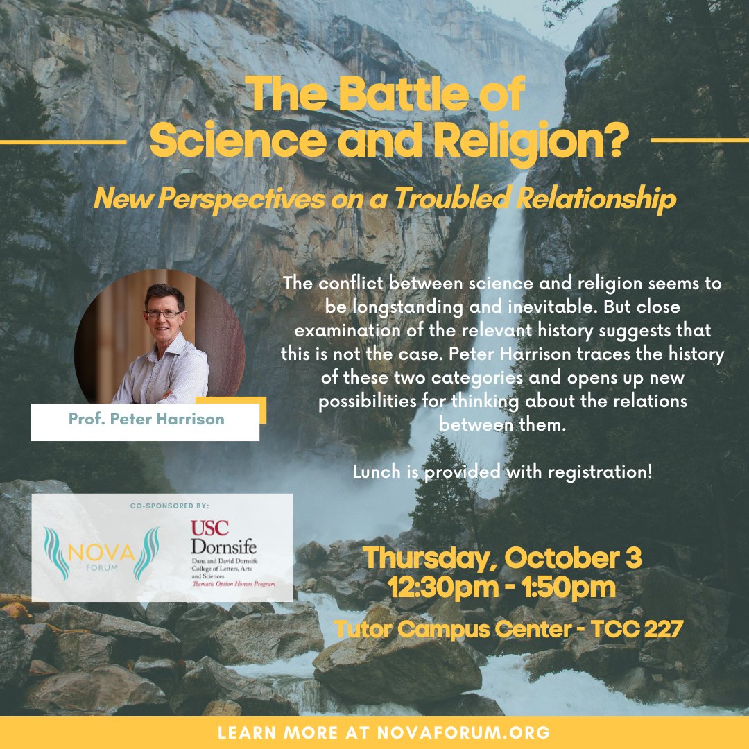 The conflict between science &amp; religion seems to be longstanding. Renowned historian, Peter Harrison, traces the history of these two categories and opens up new possibilities!

All are welcome to join us 10/3, 12:30 PT at TCC 227 or via Zoom. Register at the link in bio!
