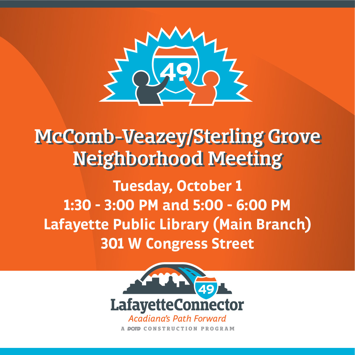 LafConnector's tweet photo. Meeting Rescheduled! 

The Lafayette Connector team will be holding an informational meeting for McComb-Veazey &amp; Sterling Grove residents on Tuesday, October 1 at the Main Branch of the Lafayette Public Library. For more info, visit https://t.co/DZiVxZdWuu https://t.co/5Xd6sZBolQ