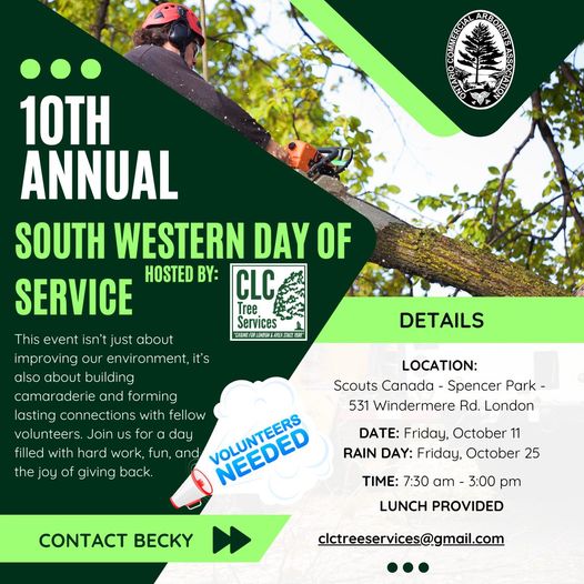 CLCTREESERVICES's tweet image. Are you an #arborist working in southwestern Ontario? We need your help! Join us on October 11 for the 10th Annual South Western Day of Service at @scoutscanada Spencer Park. We need your muscle, time, and equipment to make the @ONTARIOOCAA #DayofService a success! 
#ldnont
