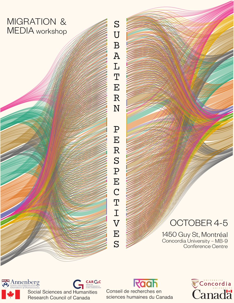 Raah_Lab's tweet photo. we’re thrilled to be announcing our upcoming 2-day workshop ‘subaltern perspectives’ examining the emerging subfield of migrant media studies alongside @AnnenbergCARGC !

october 4th &amp; 5th 
MB-9 conference centre, concordia university, montreal https://t.co/sPWmR4yfon