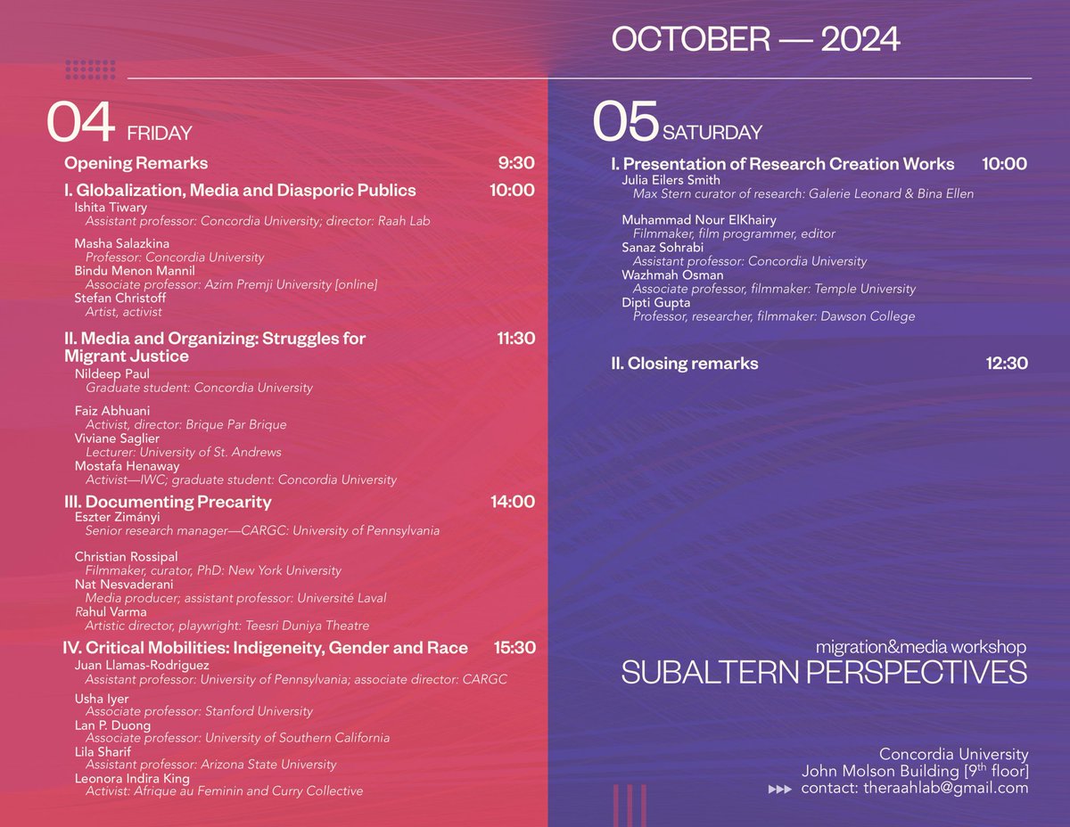 we’re thrilled to be announcing our upcoming 2-day workshop ‘subaltern perspectives’ examining the emerging subfield of migrant media studies alongside <a href="/AnnenbergCARGC/">CARGC</a> !

october 4th &amp; 5th 
MB-9 conference centre, concordia university, montreal