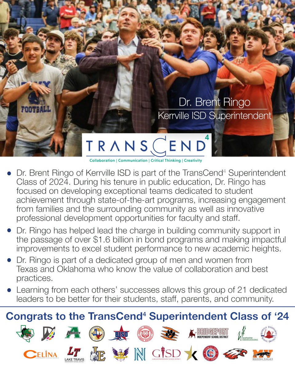 TransCend4 (@tcend4) on Twitter photo This week's visit with the <a href="/TCend4/">TransCend4</a> Superintendent Class of 2024 takes us to the Texas Hill Country, where Dr. Brent Ringo leads an ambitious charge to provide their kids, staff, and community with what they need to succeed. This week's visit with the <a href="/TCend4/">TransCend4</a> Superintendent Class of 2024 takes us to the Texas Hill Country, where Dr. Brent Ringo leads an ambitious charge to provide their kids, staff, and community with what they need to succeed.