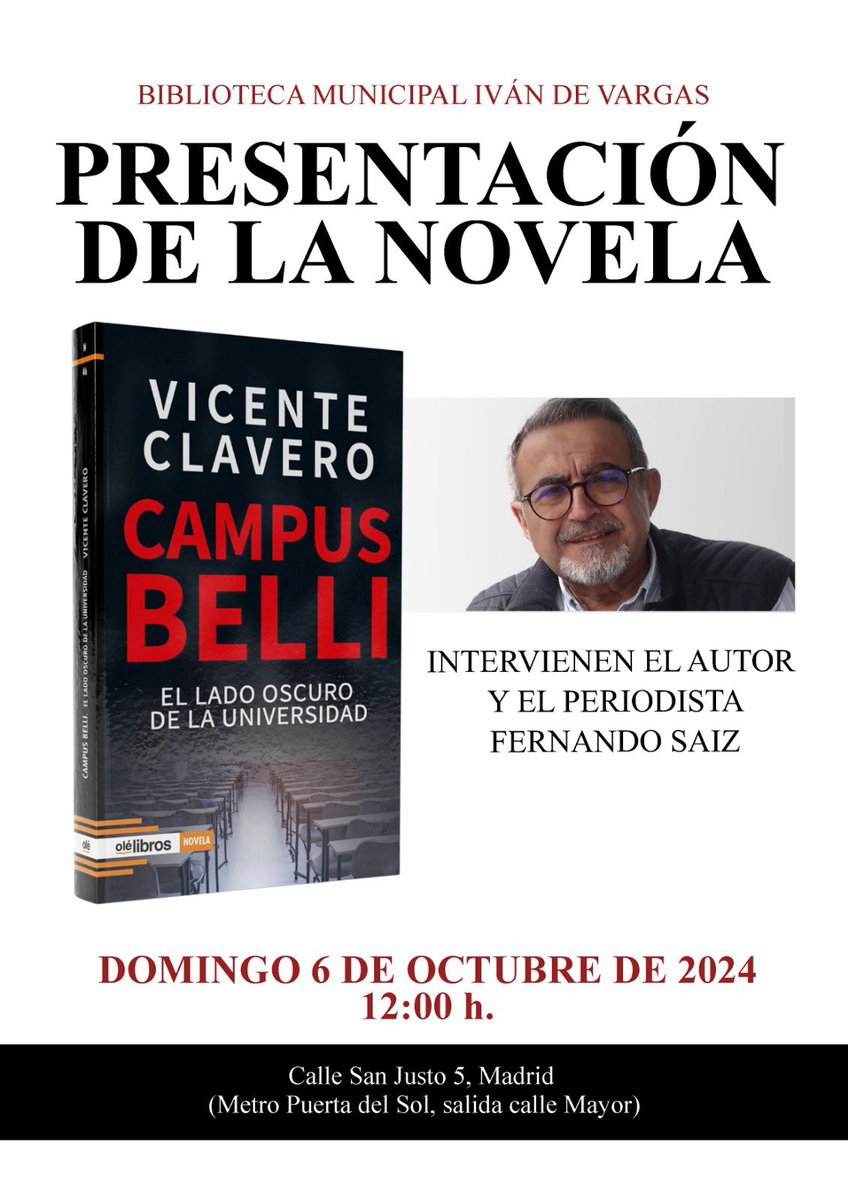 Algunos me habéis preguntado por la presentación de mi nueva novela. Será el domingo 6 de octubre a las 12.00 en la biblioteca municipal Iván de Vargas de Madrid. Estaré encantado de veros por allí.