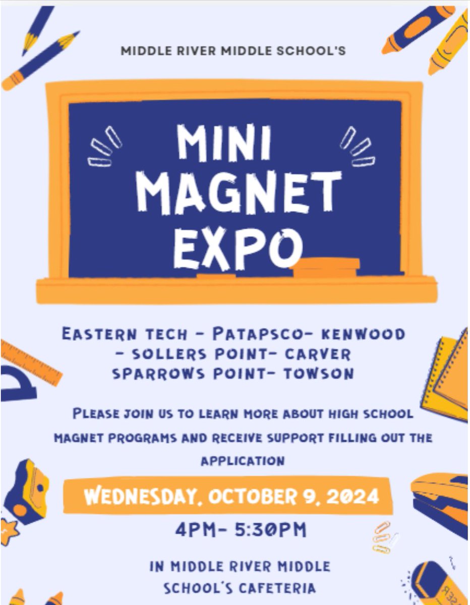 Mrs. Jones (@mrsjones_410) on Twitter photo Attention 8th grade families!!
Please save the date and join us for our Mini Magnet Expo! We hope to see you there!! <a href="/MRMSlions/">Middle River Middle</a> <a href="/MRMSmagnet/">Middle River Middle Magnet Program</a> <a href="/RuddenJamie/">Mrs. Rudden</a> <a href="/brownmrms/">William Brown</a> <a href="/AtwoodStarkey/">Sarah Atwood-Starkey</a> Attention 8th grade families!!
Please save the date and join us for our Mini Magnet Expo! We hope to see you there!! <a href="/MRMSlions/">Middle River Middle</a> <a href="/MRMSmagnet/">Middle River Middle Magnet Program</a> <a href="/RuddenJamie/">Mrs. Rudden</a> <a href="/brownmrms/">William Brown</a> <a href="/AtwoodStarkey/">Sarah Atwood-Starkey</a>
