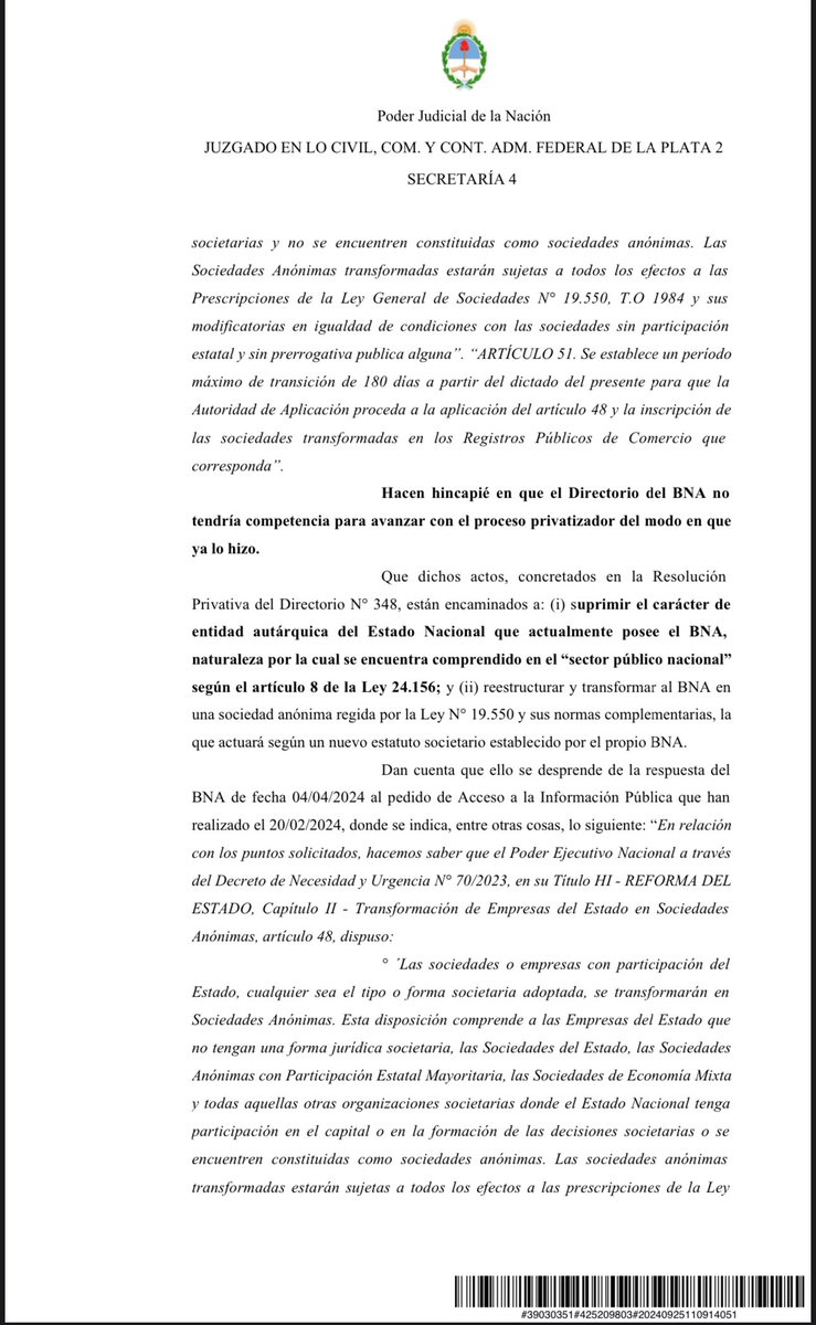 SergioOPalazzo's tweet photo. En el día de hoy la Justicia Federal de La Plata resolvió que el Directorio del BNA no puede avanzar ni en transformar en S.A., ni en ningún intento privatizador, porque solo podrá ser tratado en el ámbito del Congreso.
Gracias a los compañeros y abogados que llevaron adelante la demanda.